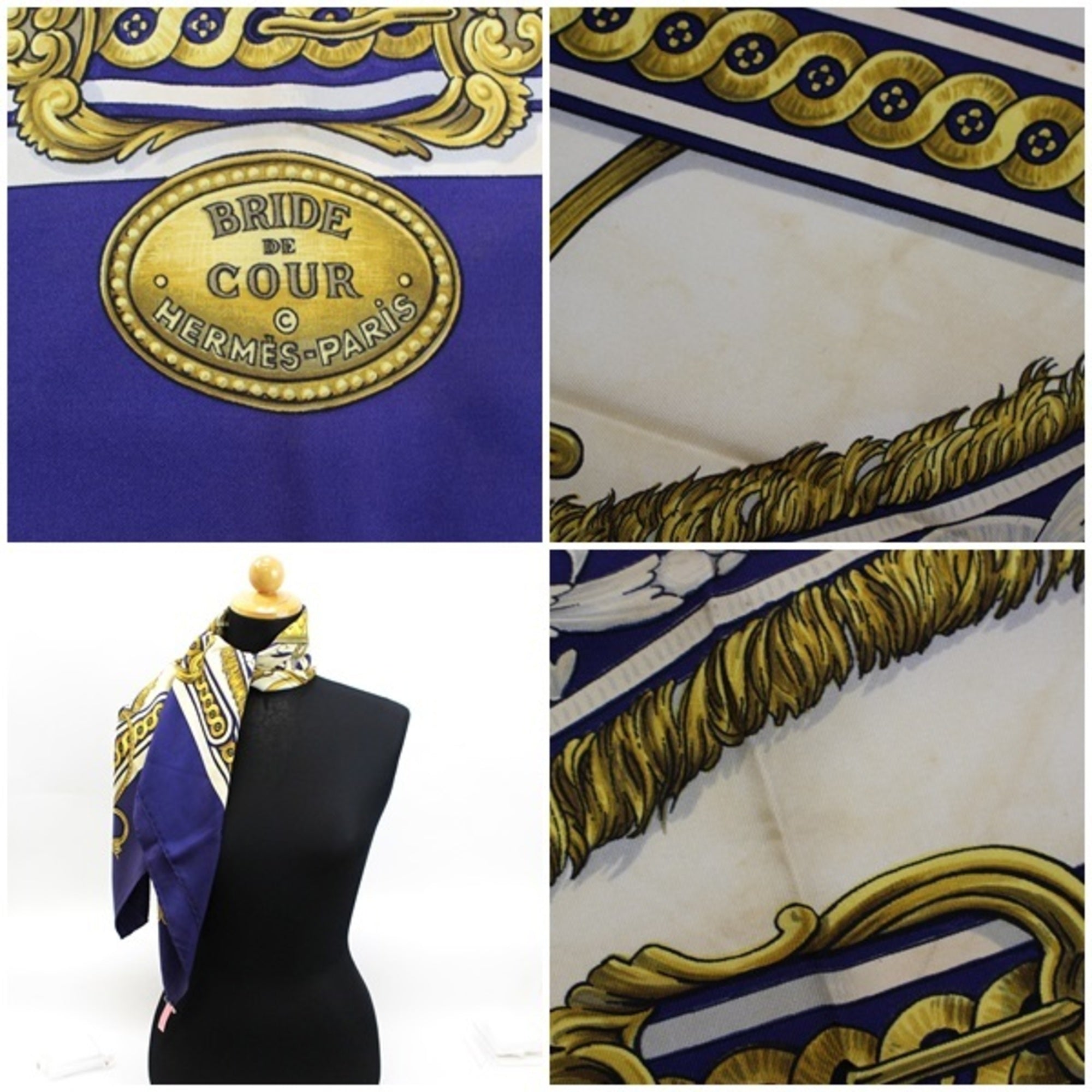 Secondhand Hermes Scarf Muffler Carre 90 BRIDE DE COUR Navy HERMES Ladies (Fair)