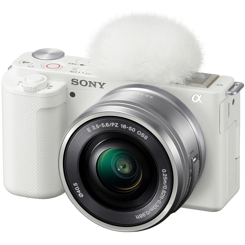 Sony ZV-E10 Mirrorless Alpha APS-C Vlog Camera 2 Lens Kit 16-50mm + 55-210mm ILCZV-E10L/W White Bundle with Deco Gear Case + Filter Set + Wide Angle & Telephoto Lenses + Extra Battery & Accessories