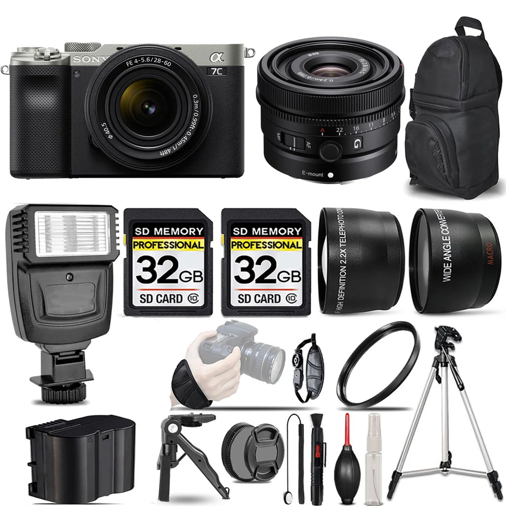 Sony a7C Mirrorless Camera (Silver) with 28-60mm Lens+24mm f/2.8 G Lens +Flash +64GB-  Kit