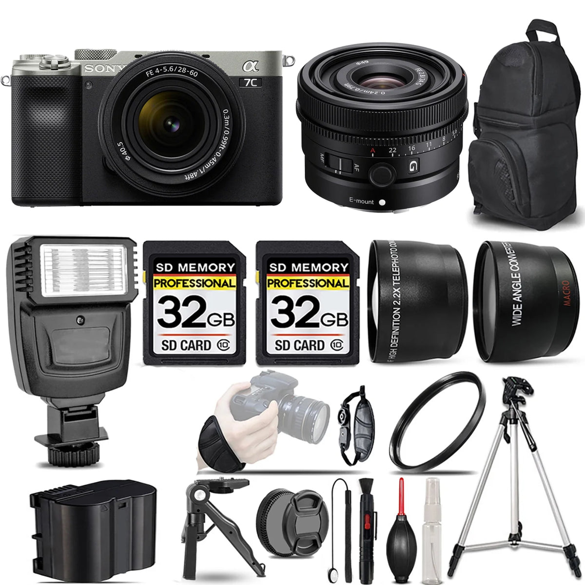Sony a7C Mirrorless Camera (Silver) with 28-60mm Lens+24mm f/2.8 G Lens +Flash +64GB-  Kit