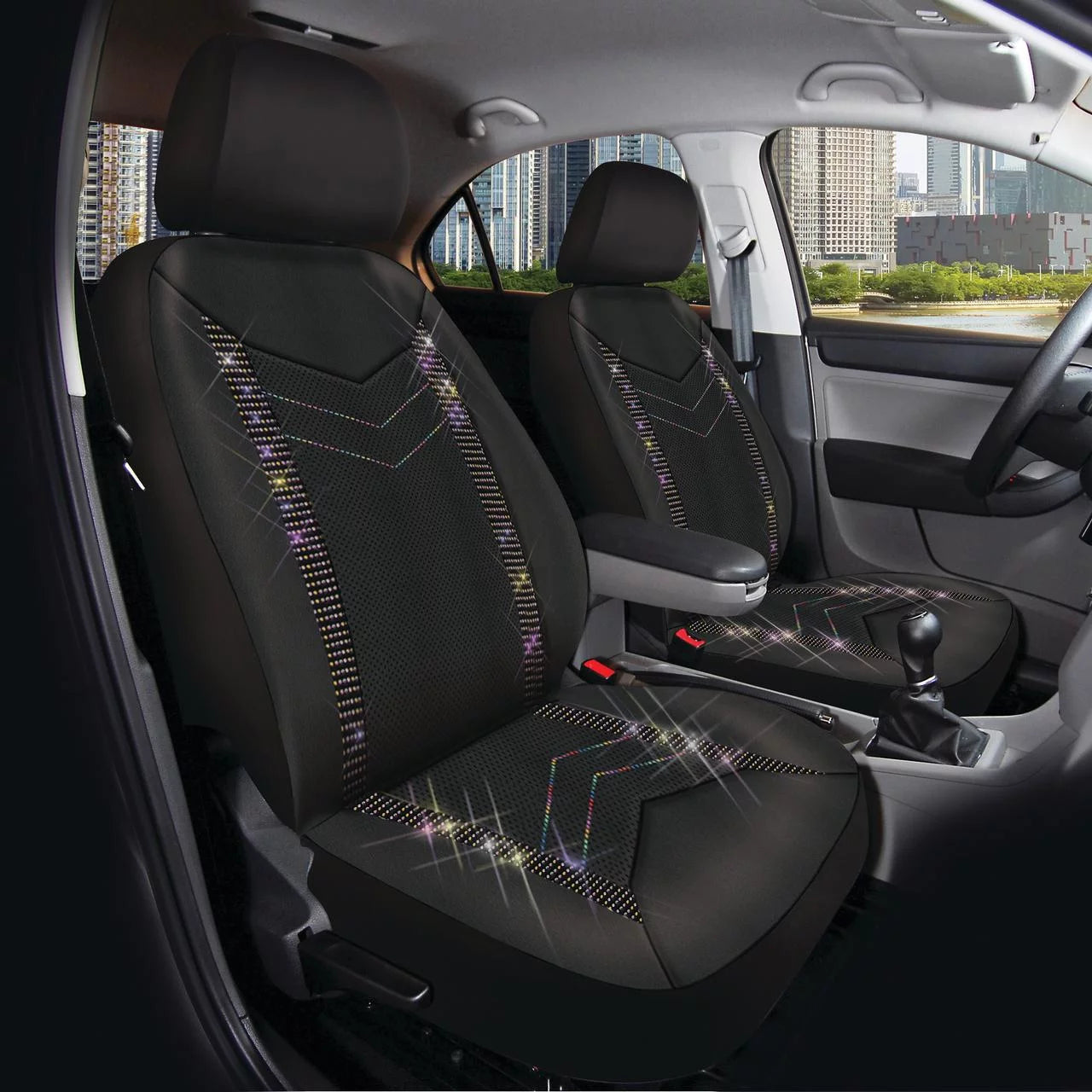 Auto Drive Universal Fit Rainbow Crystal Faux Leather Car Seat Cover, Set of 2, Fit for Cars, SUVs, MPVs