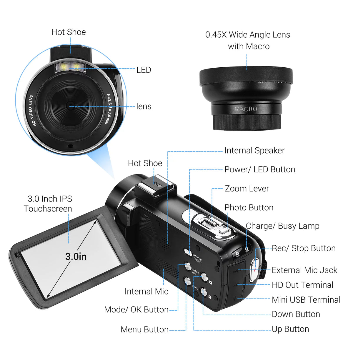 Andoer 4K Handheld DV Professional Digital Video CMOS Sensor Camcorder with 0.45X Wide Angle Lens with Macro Hot Shoe Mount 3.0 Inch IPS Monitor Burst -Shaking Function