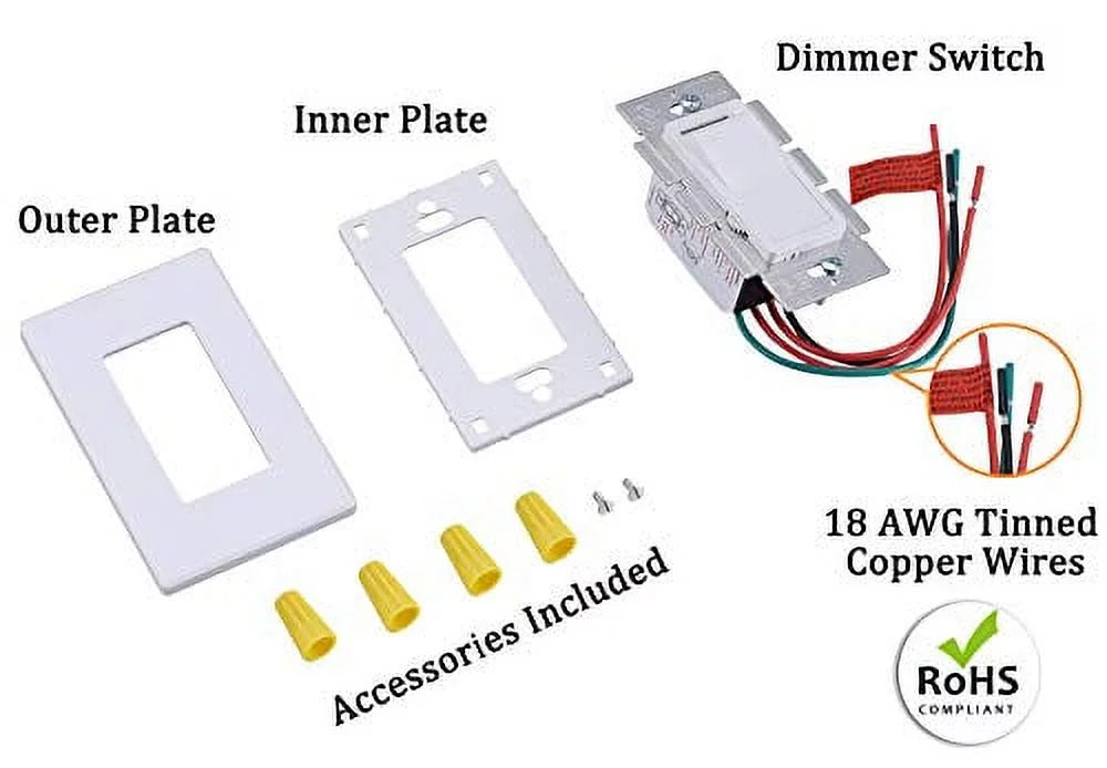 Cloudy Bay in Wall Dimmer Switch for LED Light/CFL/Incandescent,3-Way Single Pole Dimmable Slide,600 Watt max,Cover Plate Included
