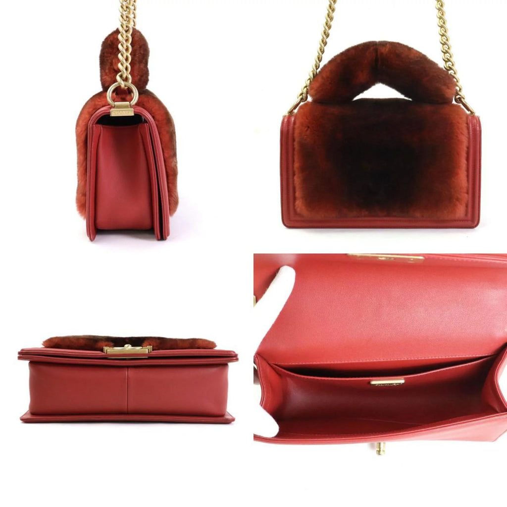 Previously Owned Chanel CHANEL handbag diagonal shoulder bag boy fur/leather brown red gold ladies e55871a (Good)