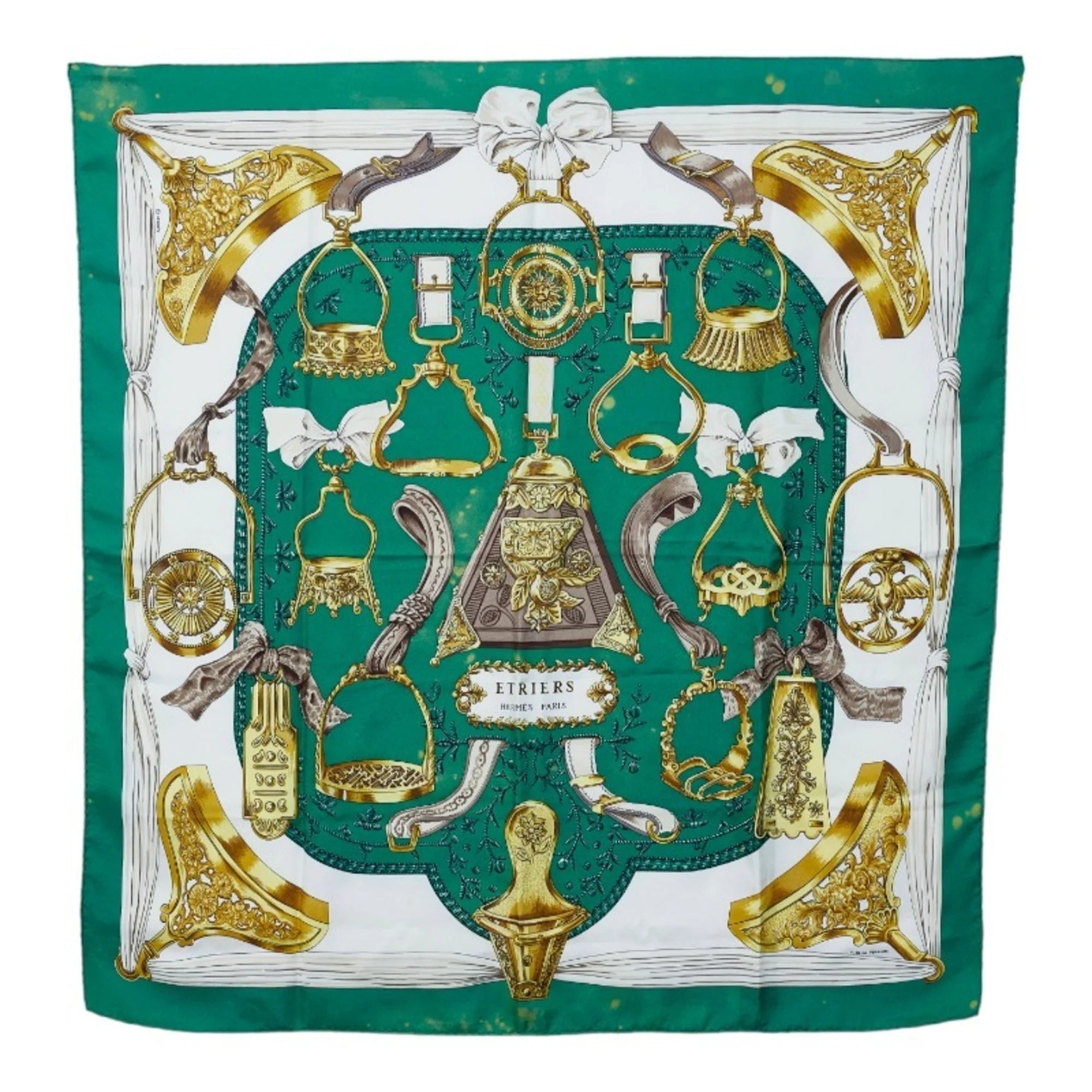 Secondhand Hermes Carre 90 ETRIERS Stirrup Pattern Horse Tack Scarf Muffler Green Multicolor Silk Ladies HERMES (Fair)