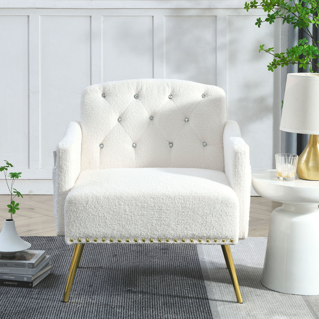 [Video]Welike 30 "W Modern Chesterfield Tufted Upholstered Chair with Deep Buttons, Living Room Chair, Comfortable Armchair, Gold Hardware Legs, Tufted Chair for Reading or Relaxing, WHITE TEDDY