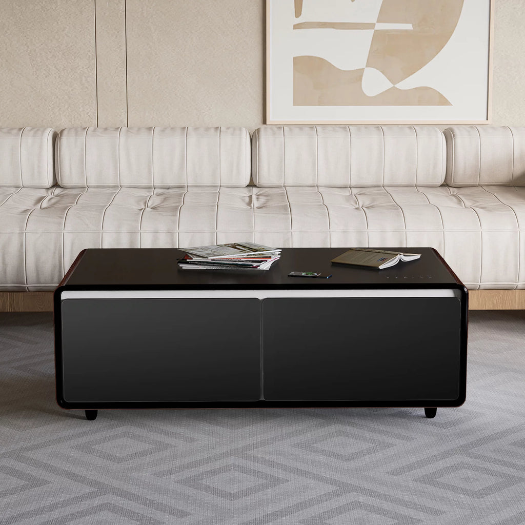 Modern Smart Coffee Table with Built-in Fridge, Bluetooth Speaker, Wireless Charging Module, Touch Control Panel, Power Socket, USB Interface, Outlet Protection, Atmosphere light, Brown