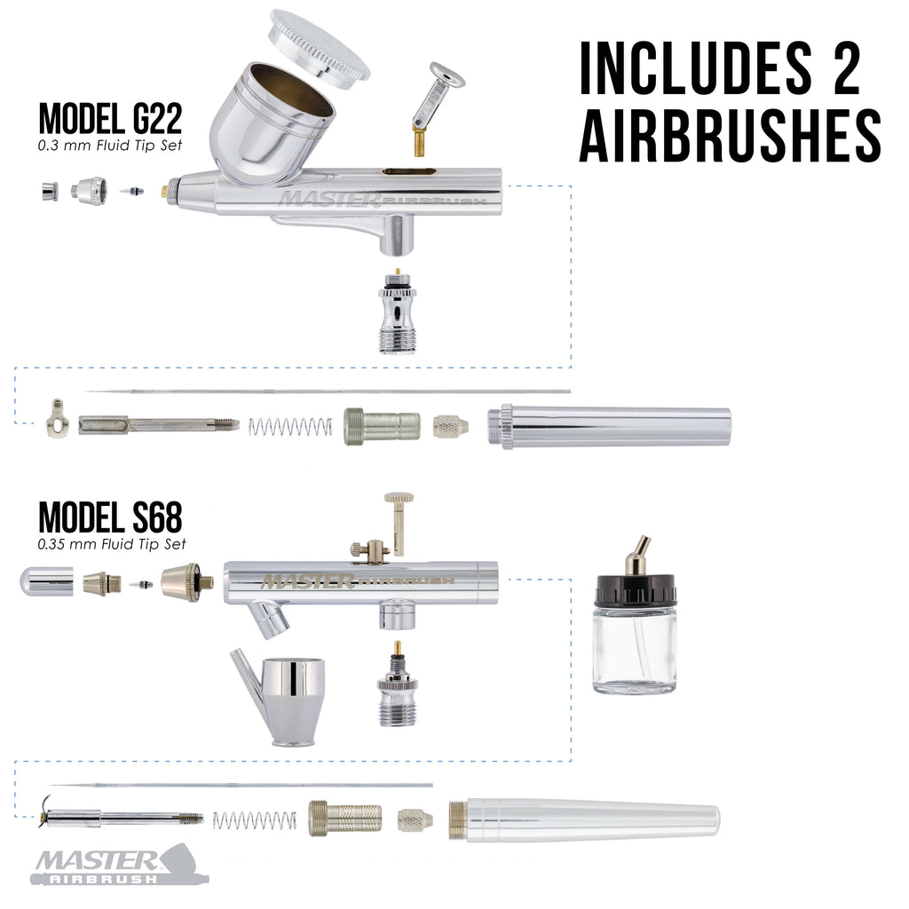 Professional Master G22, S68, E91 Airbrush Kit with Master Compressor TC-20, Air Hose & 6 Wicked Createx Colors