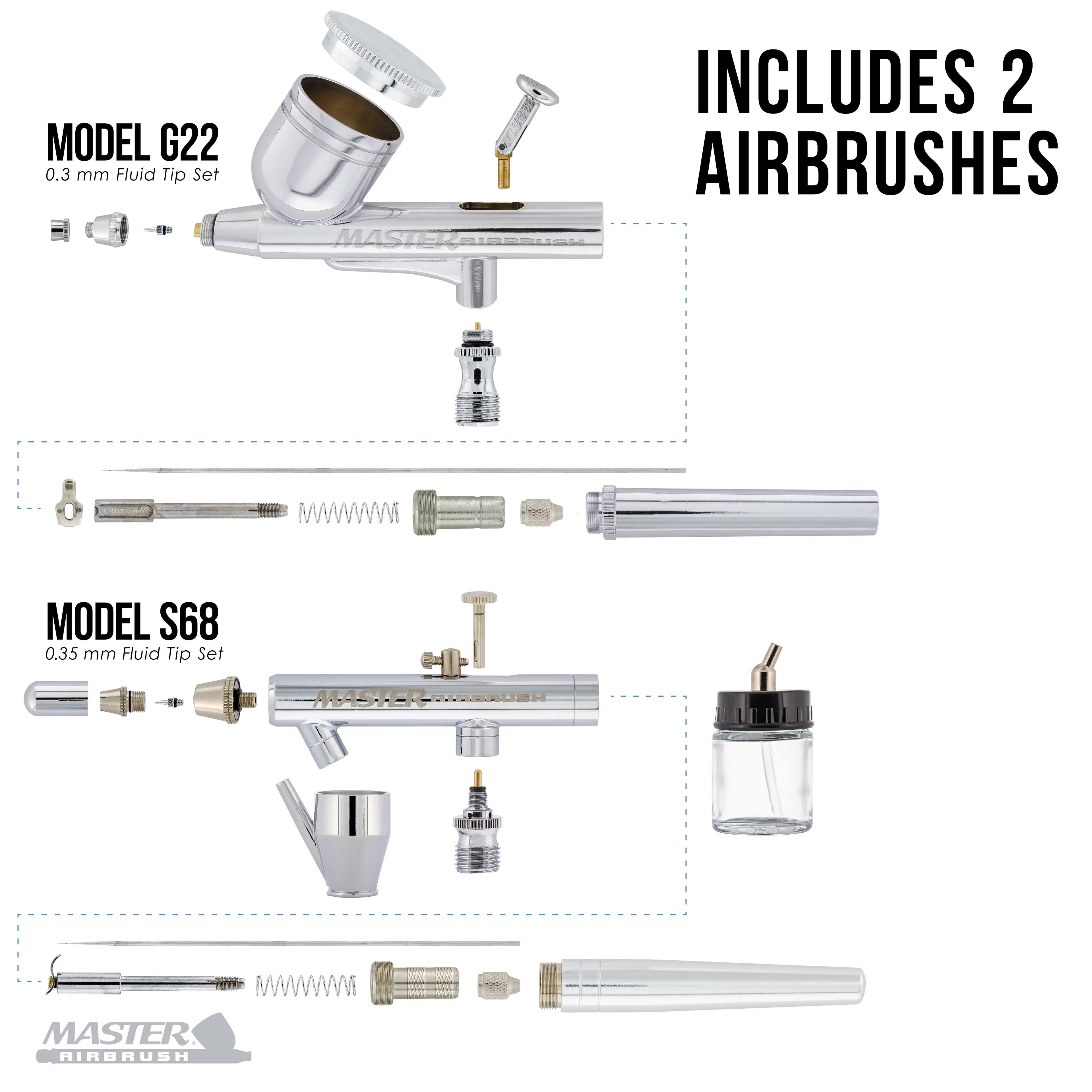 Professional Master G22, S68, E91 Airbrush Kit with Master Compressor TC-20, Air Hose & 6 Wicked Createx Colors