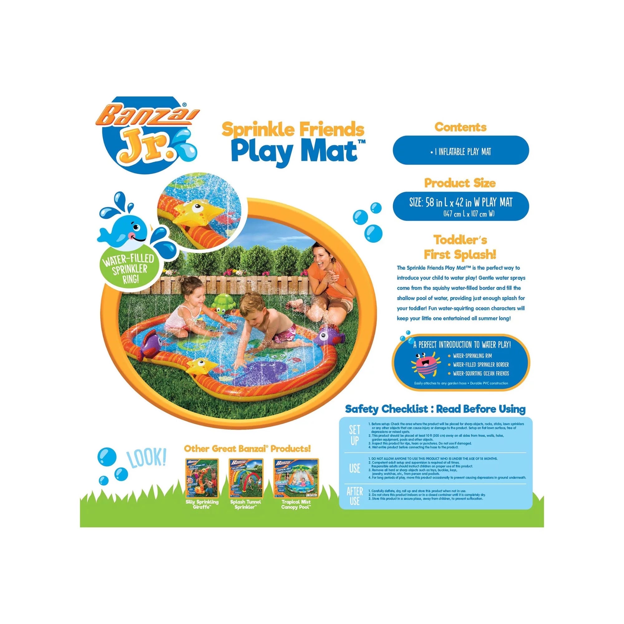 Banzai Jr. 58 Inch Sprinkle Friends Outdoor Water Play Mat