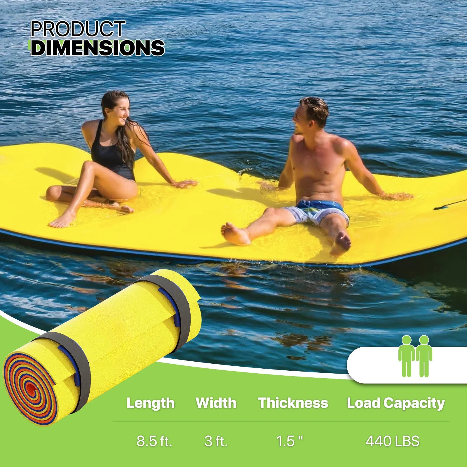 Magshion 9' x 3' Water Floating Mat, 3-Layer Tear-Resistant XPE Foam Water Floating Pad Lily Pad for Pool Lake River Ocean Outdoor Water Activities, Yellow
