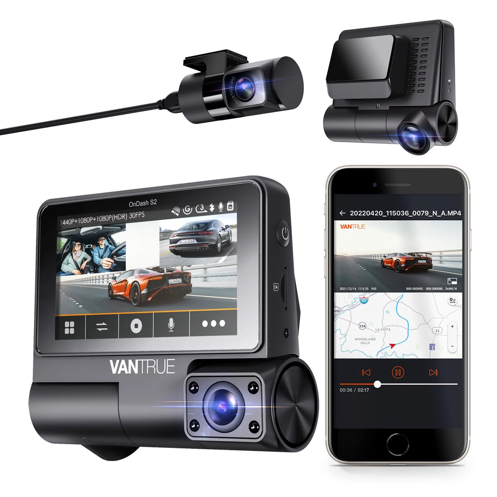Vantrue S2 3 Channel 2K Front+1080P Interior +1080P Rear  30FPS WiFi Dash Cam, 3 inch Touchable IPS Screen Car Camera with Nearly 360° Wide Angle, GPS built in, 24h Parking Monitor, Supercapacitor