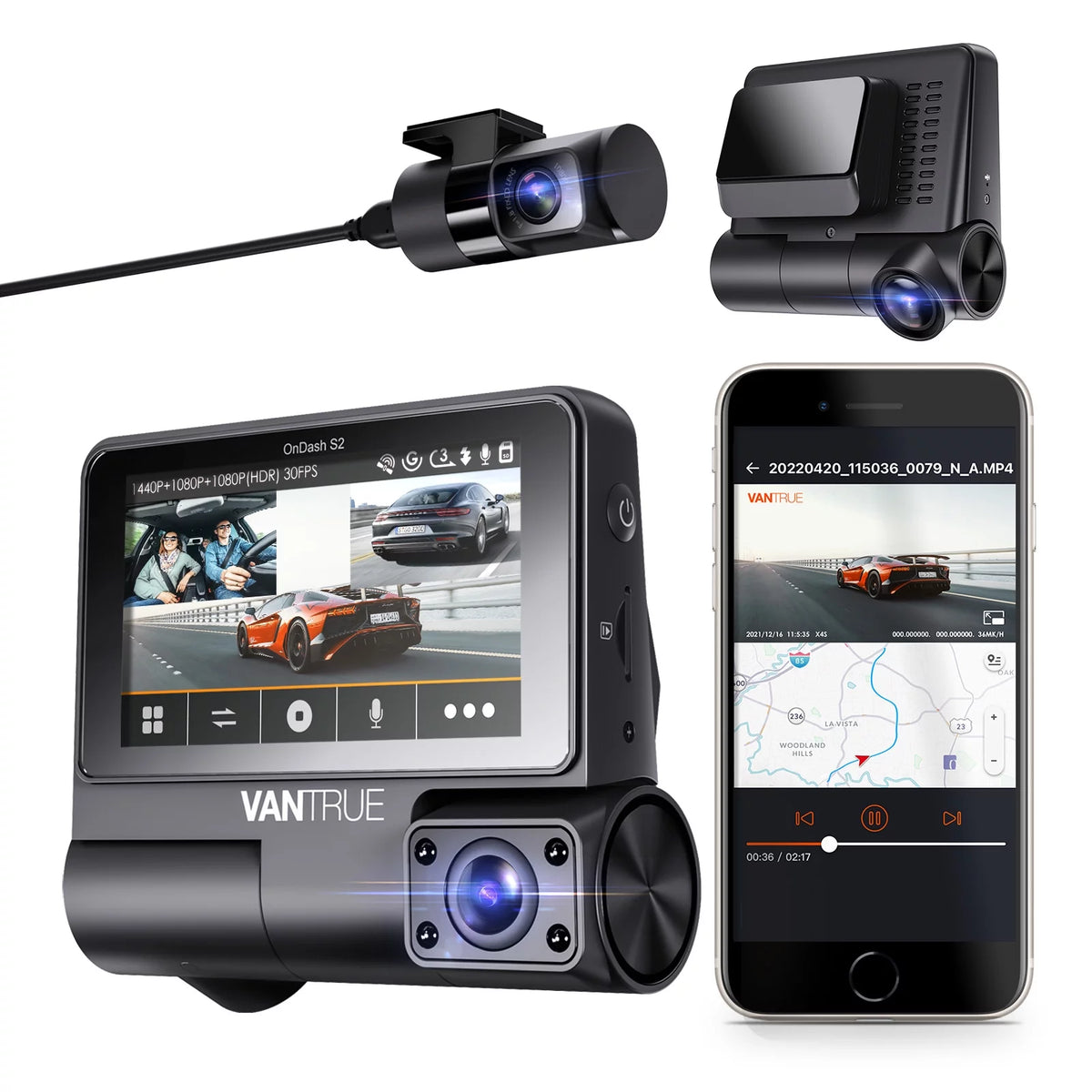Vantrue S2 3 Channel 2K Front+1080P Interior +1080P Rear  30FPS WiFi Dash Cam, 3 inch Touchable IPS Screen Car Camera with Nearly 360° Wide Angle, GPS built in, 24h Parking Monitor, Supercapacitor