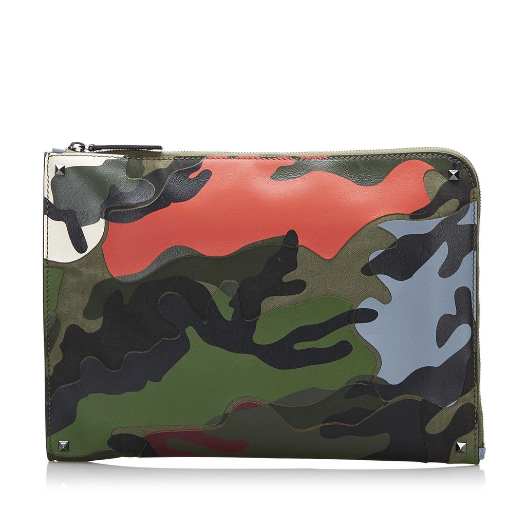 Used Authenticated Valentino Camouflage and Leather Clutch Bag Canvas Fabric Green WristletBag Unisex (Good)