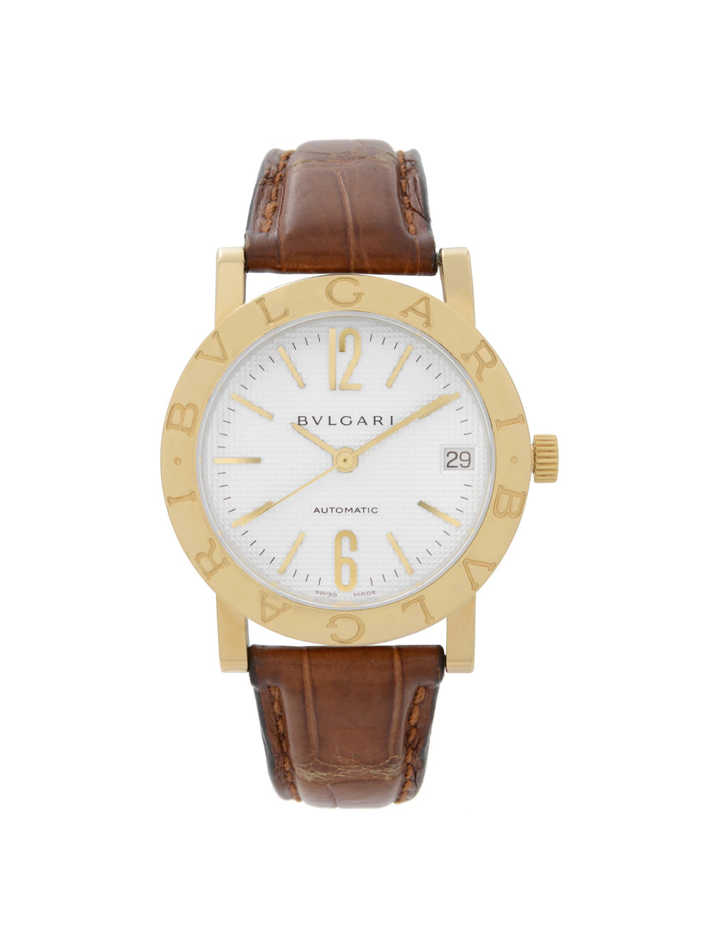 Bvlgari 33mm 18k Yellow Gold White Dial Leather Strap Automatic Watch BB33GL