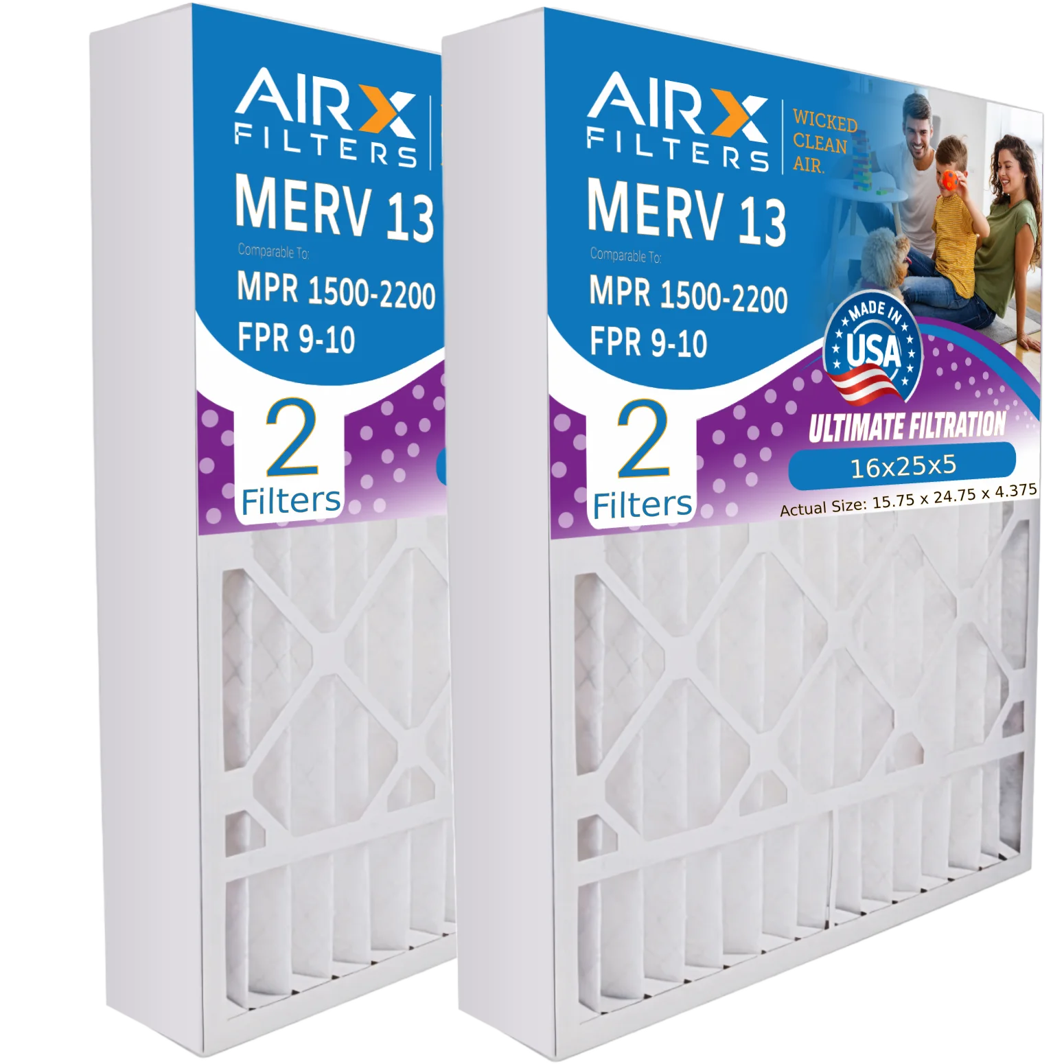 16x25x5 Air Filter MERV 13 Comparable to MPR 1500 - 2200 & FPR 9 Compatible with Bryant Carrier FILXXCAR0016 Premium USA Made 16x25x5 Furnace Filter 2 Pack by AIRX FILTERS WICKED CLEAN AIR.