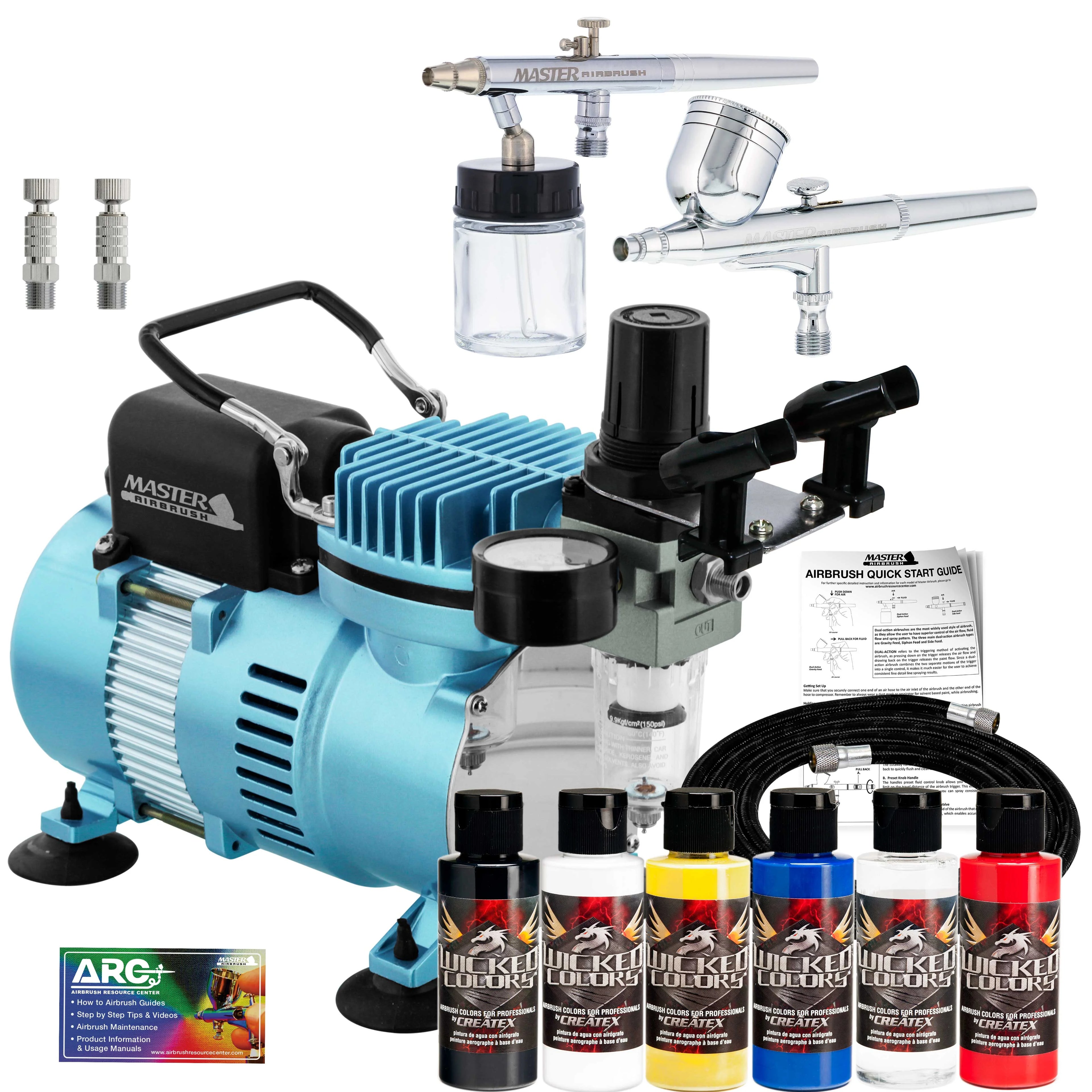 Professional Master G22, S68, E91 Airbrush Kit with Master Compressor TC-20, Air Hose & 6 Wicked Createx Colors