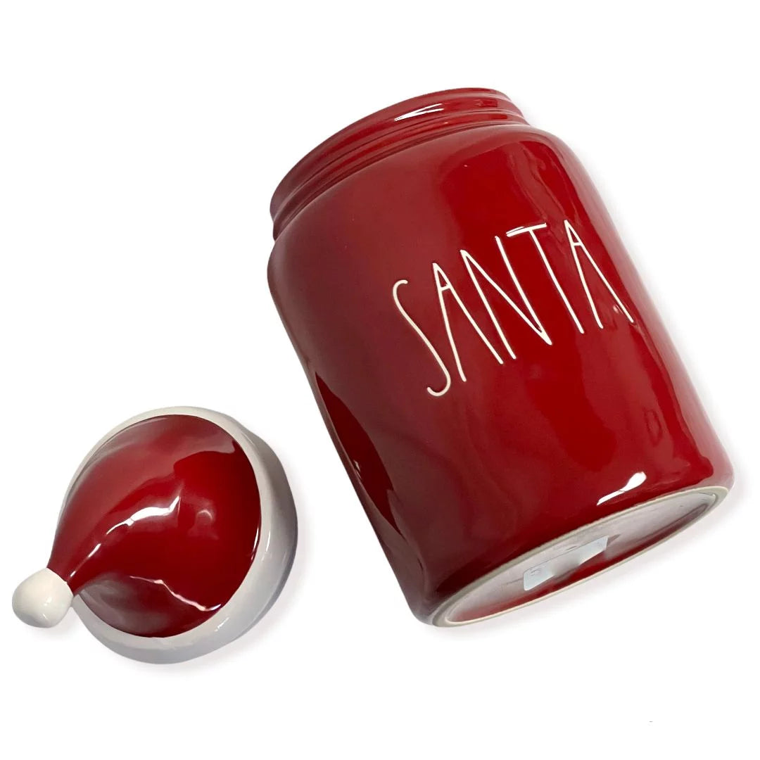 Rae Dunn Red SANTA LL Font Canister Round Container With Hat Topper