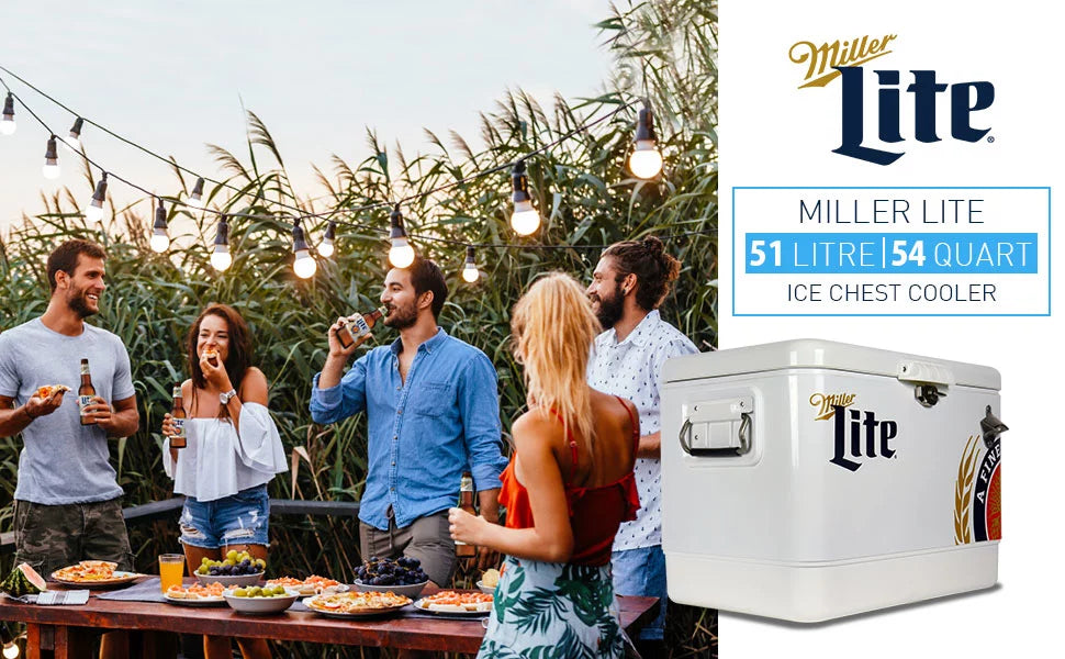 Miller Lite Ice Chest Beverage Cooler with Bottle Opener, 51L (54 QT), 85 Can Metal-belted Portable Cooler, White and Blue, for Camping, Beach, RV, BBQs, Tailgating, Fishing