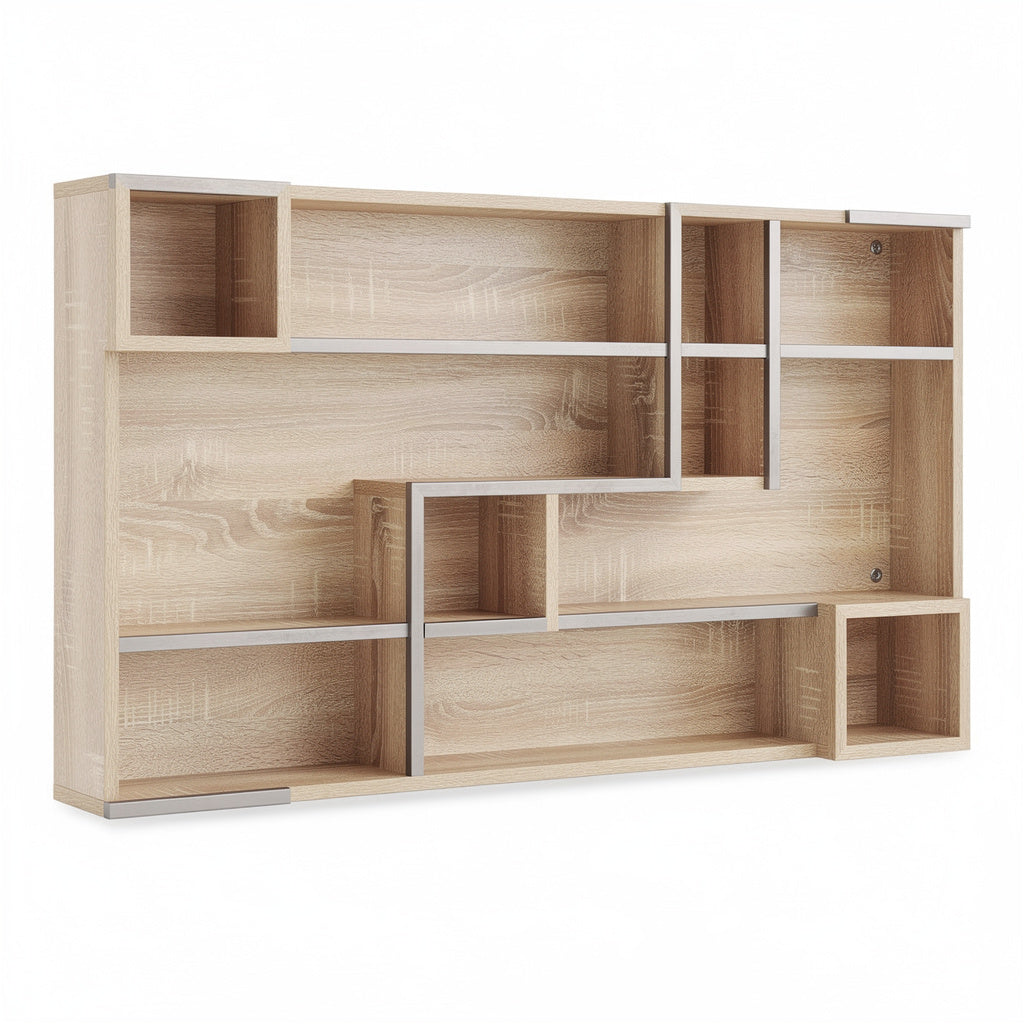 Estantería moderna de madera con diseño modular y soportes metálicos