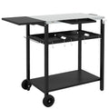 Outdoor Bar Cart with Rust-resistant Alloy Tabletop, Kitchen Island with Wheels, 2 Tiers & Seasoning Shelf, Patio Serving Cart with Hooks, Towel & Garbage Bag Holder, Plates & Spice Jars, Black