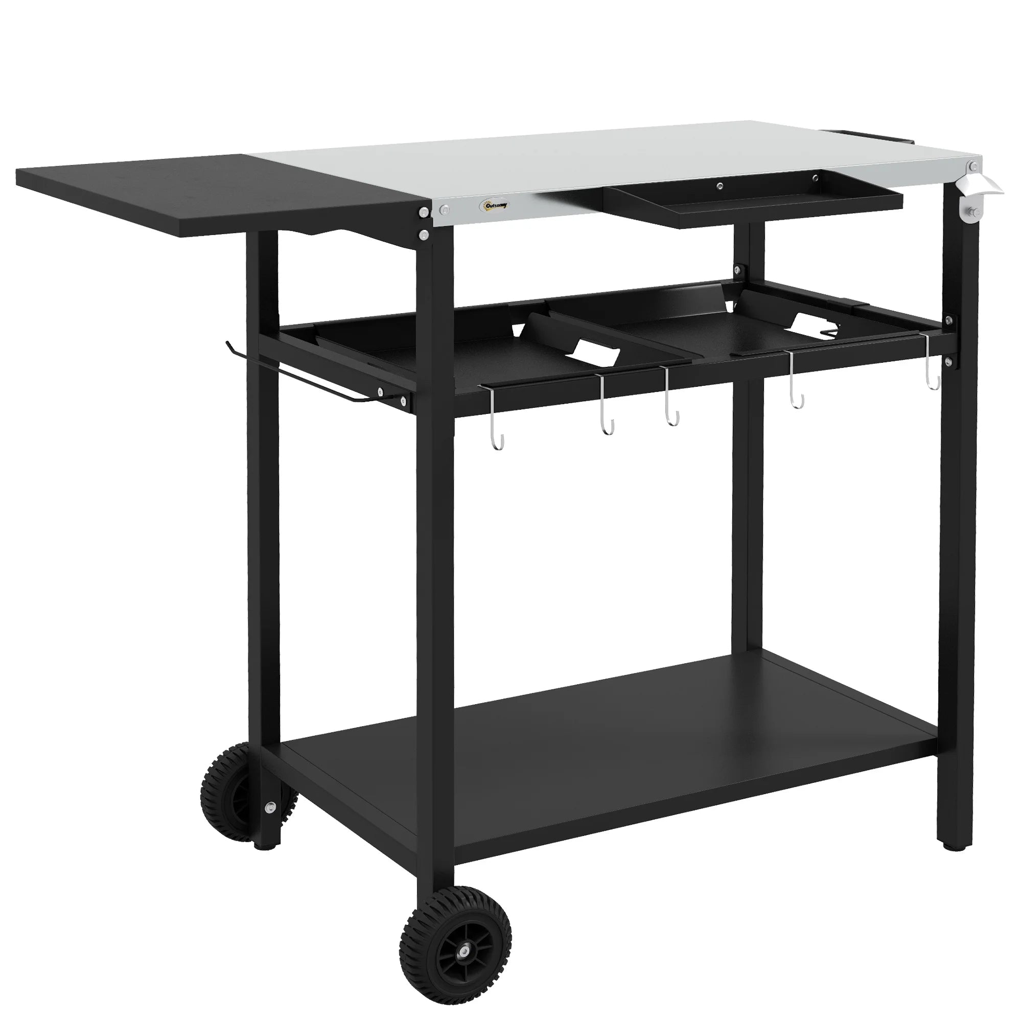 Outdoor Bar Cart with Rust-resistant Alloy Tabletop, Kitchen Island with Wheels, 2 Tiers & Seasoning Shelf, Patio Serving Cart with Hooks, Towel & Garbage Bag Holder, Plates & Spice Jars, Black