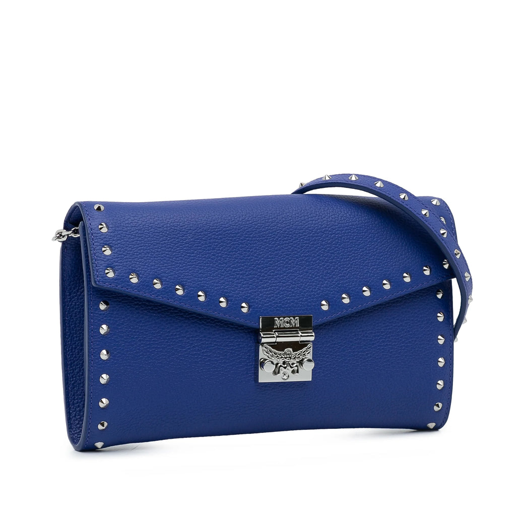 Previously Owned Authenticated MCM Studded Patricia Wallet on Chain Calf Leather Blue Crossbody Bag Unisex (Good)