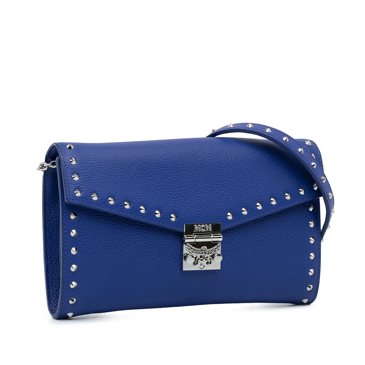 Previously Owned Authenticated MCM Studded Patricia Wallet on Chain Calf Leather Blue Crossbody Bag Unisex (Good)
