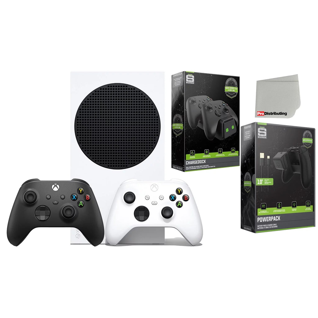 Microsoft Xbox Series S 512GB Digital Console with Extra Wireless Controller - Carbon Black - Surge CHARGEDOCK Dual Charge Base and Powerpack Battery/Charge Cable Bundle with Microfiber Cleaning Cloth