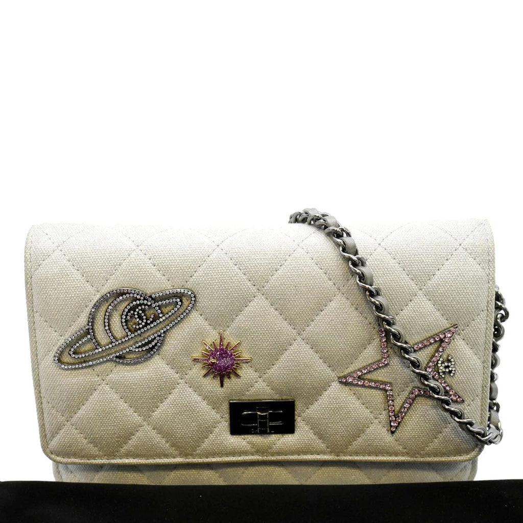 Previously Owned CHANEL Classic 2.55 Reissue Space Charm Quilted Canvas WOC Crossbody Bag Light Grey