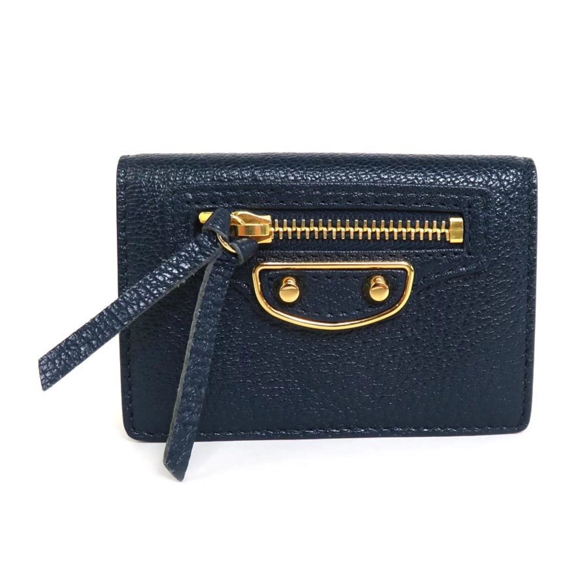 Previously Owned Balenciaga BALENCIAGA trifold wallet mini leather navy gold (Good)