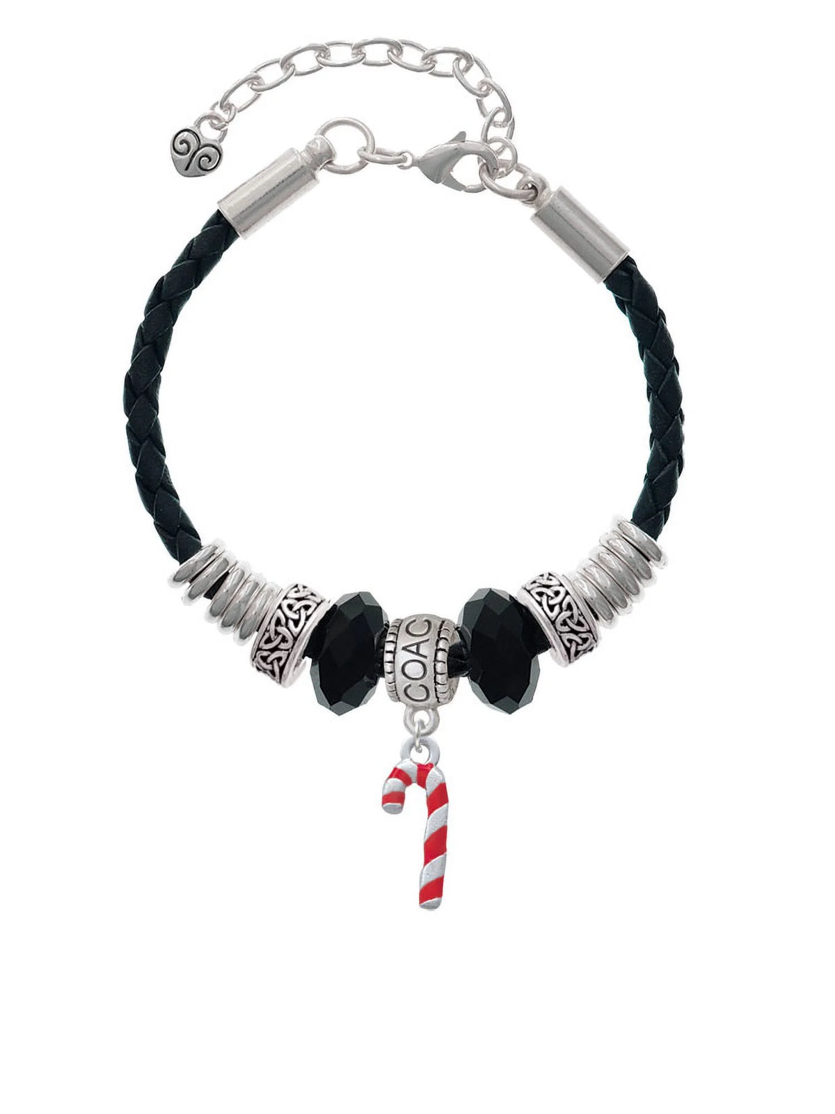 Delight Jewelry Silvertone 3-D Red Enamel Candy Cane Coach Celtic Knot Leather Bead Bracelet, 7"+2" Extender