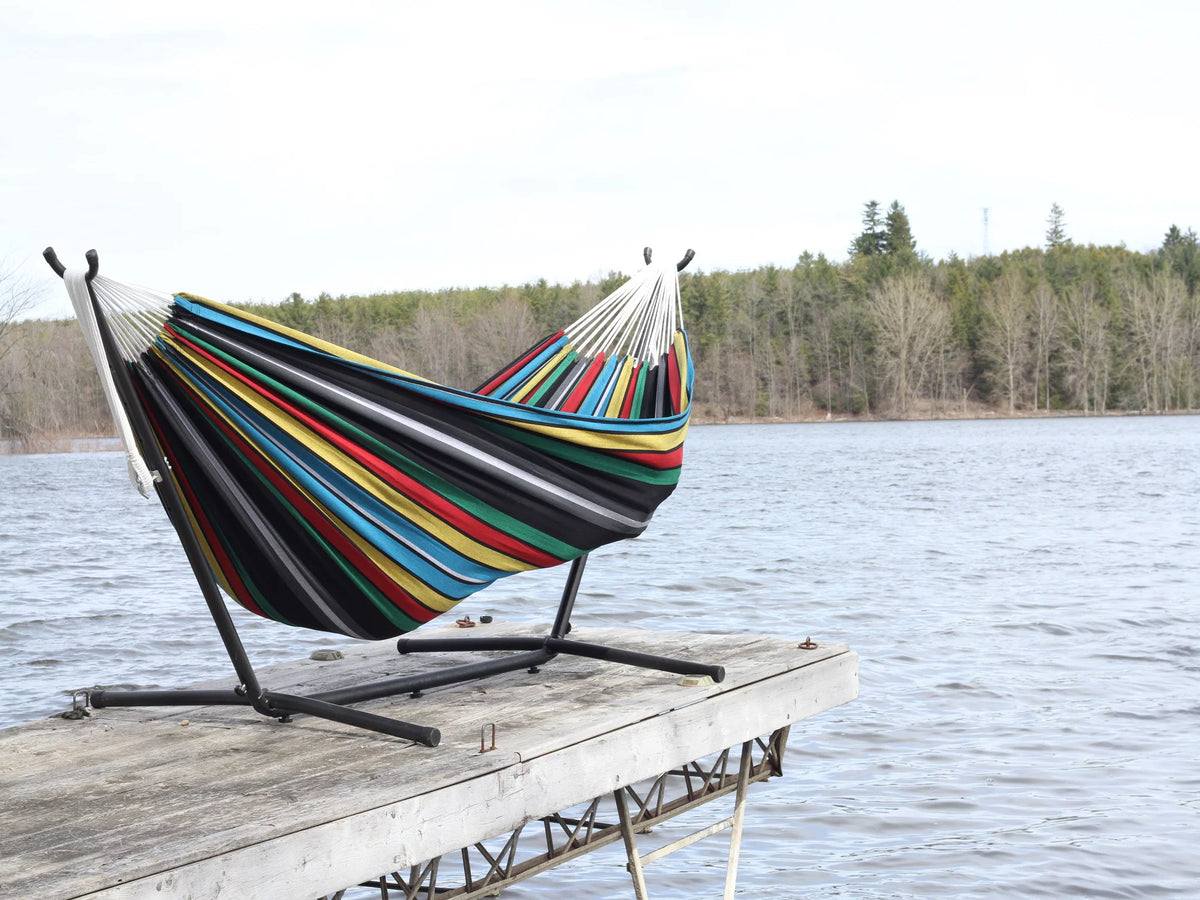 The Hamptons Collection 110” Black and Blue Striped Brazilian Style Hammock with a Metal Hammock