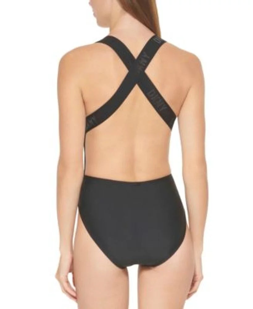 DKNY BLACK Logo Cross-Back One-Piece Swimsuit, US Large