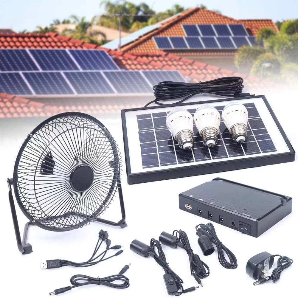 MONIPA Portable Solar Powered Panel+Fan+3x1W 12V Bulbs 8 inch Solar Powered Fan, with Adapter for Ventilation Caravan Camping Home Office Outdoor Traveling Fishing
