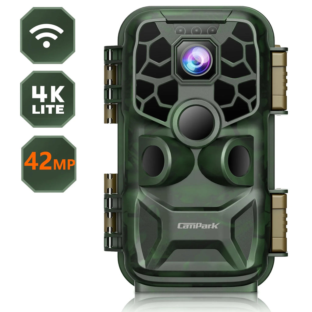 CAMPARK WiFi Trail Game Camera 4K 42MP Bluetooth Hunting Deer Camera with 3PIR Sensor Infrared Night Vision Waterproof IP66 0.2s Trigger 2.4" LCD Trail Cam for Wildlife Monitoring