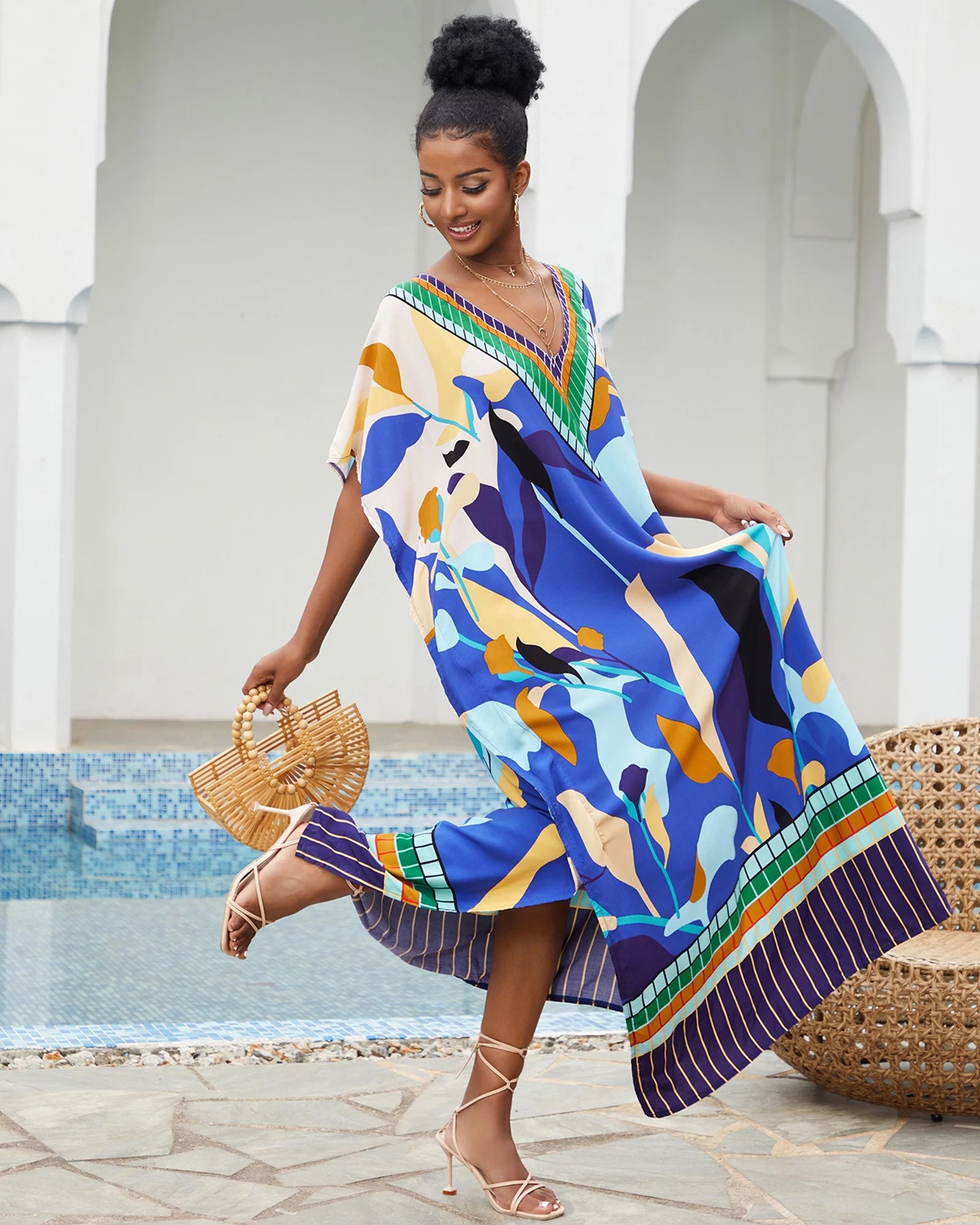 Edolynsa Bohemian Kaftan Dresses Plus Size Swimwear Bikini Cover Up Casual Beachwear Long Tops