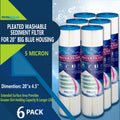 Big Blue Pleated Washable & Reusable Sediment Filter 5 Micron Amplified Surface Area, Removes Sand, Dirt, Silt, Rust, Extended Filter Life for 20" Big Blue Housing, by Ronaqua (Set of 6)