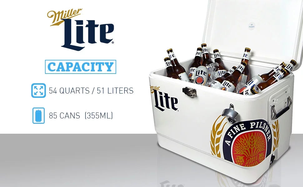 Miller Lite Ice Chest Beverage Cooler with Bottle Opener, 51L (54 QT), 85 Can Metal-belted Portable Cooler, White and Blue, for Camping, Beach, RV, BBQs, Tailgating, Fishing