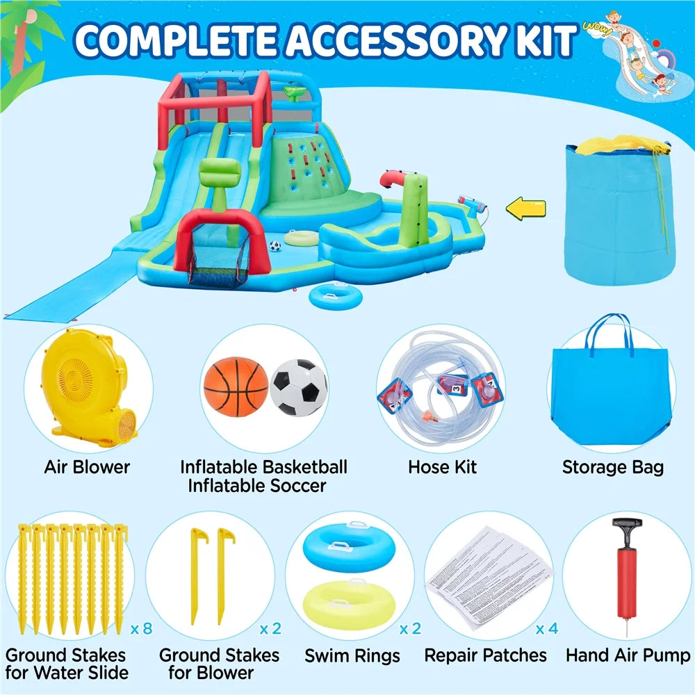 Alden Design Double Lane Inflatable Water Slide for Kids Aged 3 To 10 with Basketball Hoop & Climbing Wall, Green