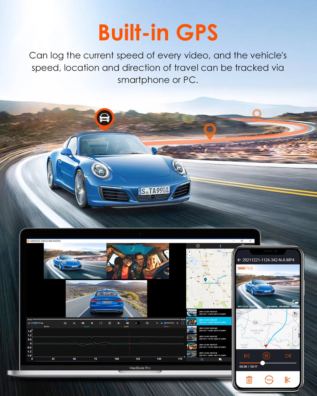 Vantrue S2 3 Channel 2K Front+1080P Interior +1080P Rear  30FPS WiFi Dash Cam, 3 inch Touchable IPS Screen Car Camera with Nearly 360° Wide Angle, GPS built in, 24h Parking Monitor, Supercapacitor