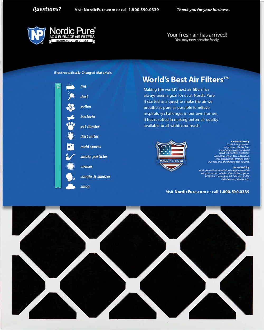 Nordic Pure 24x30x2 Pleated Air Filters MERV 14 Plus Carbon 3 Pack