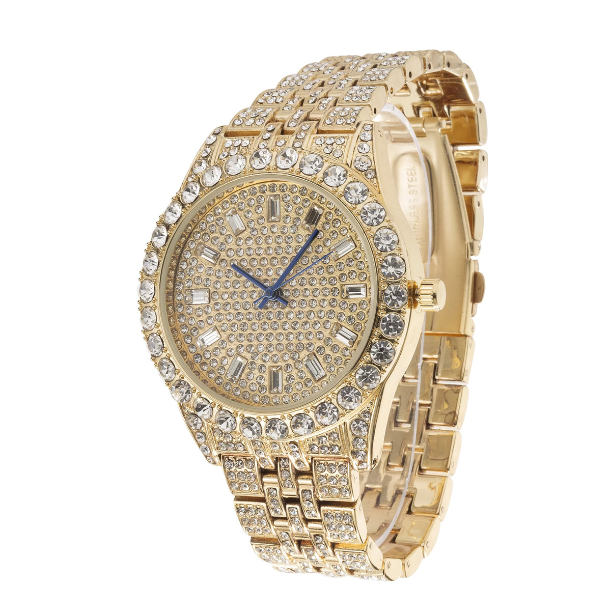 Charles Raymond Mens Hip Hop Metal Timepiece - Big Rhinestones on Trim and Elegant Baguette Time Indicators on Dial - Master Blinged Out Designer Look - ST10226 BGS Single (Gold Gold)