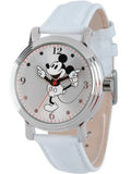 For Her Shinny Silver Vintage Articulating Alloy Case Watch, White Leather Strap