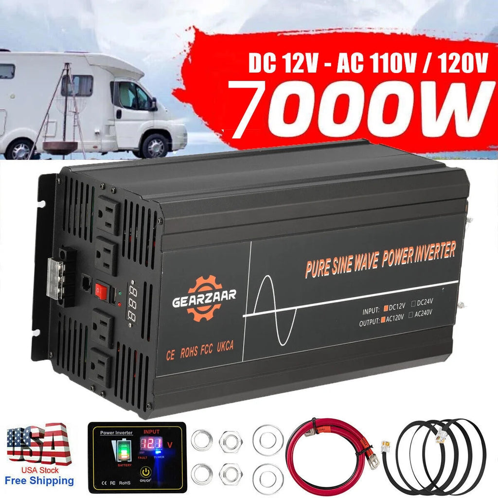 7000W Pure Sine Wave Car Power Inverter DC 12V To AC 120V LCD Car RV Solar Converter