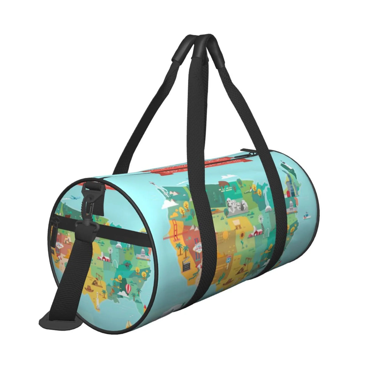 Coaee USA Tourist Map Large Capacity Travel Luggage Bag Cylinder Gym Bag Waterproof Sports Bag with Pocket and Compartment