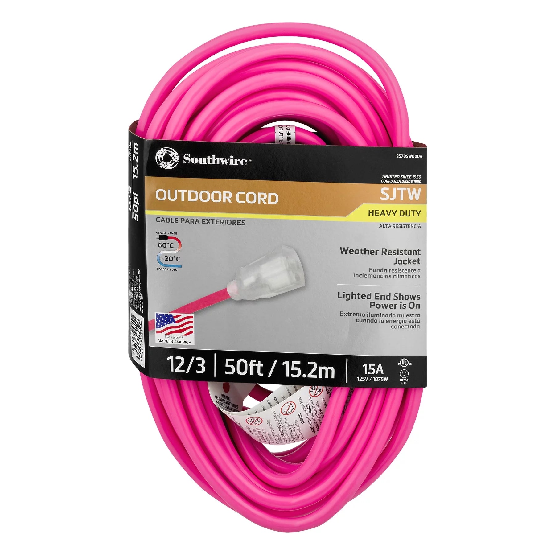 Coleman Cable Southwire 2578SW000A 12/3 50' Neon Pink All Purpose Extension Cord