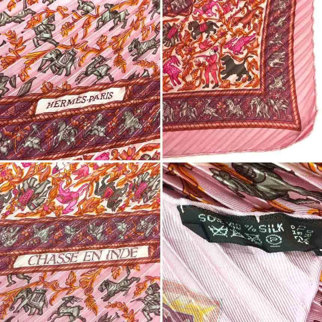 Used HERMES Pleated Scarf Carre 90 CHASSE EN INDE Indian Hunting 100% Silk Pink Female Hermes aq5273 (Like New)