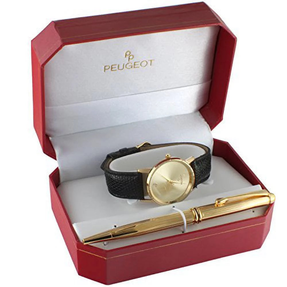 Men's Black Leather Watch Gift Set with Gold -tone Pen