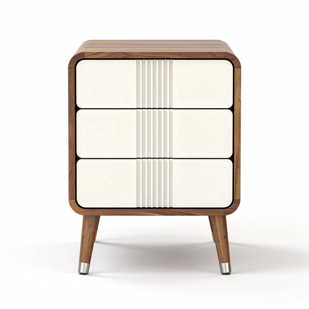 Mueble de almacenamiento moderno con acabado en madera y puertas blancas